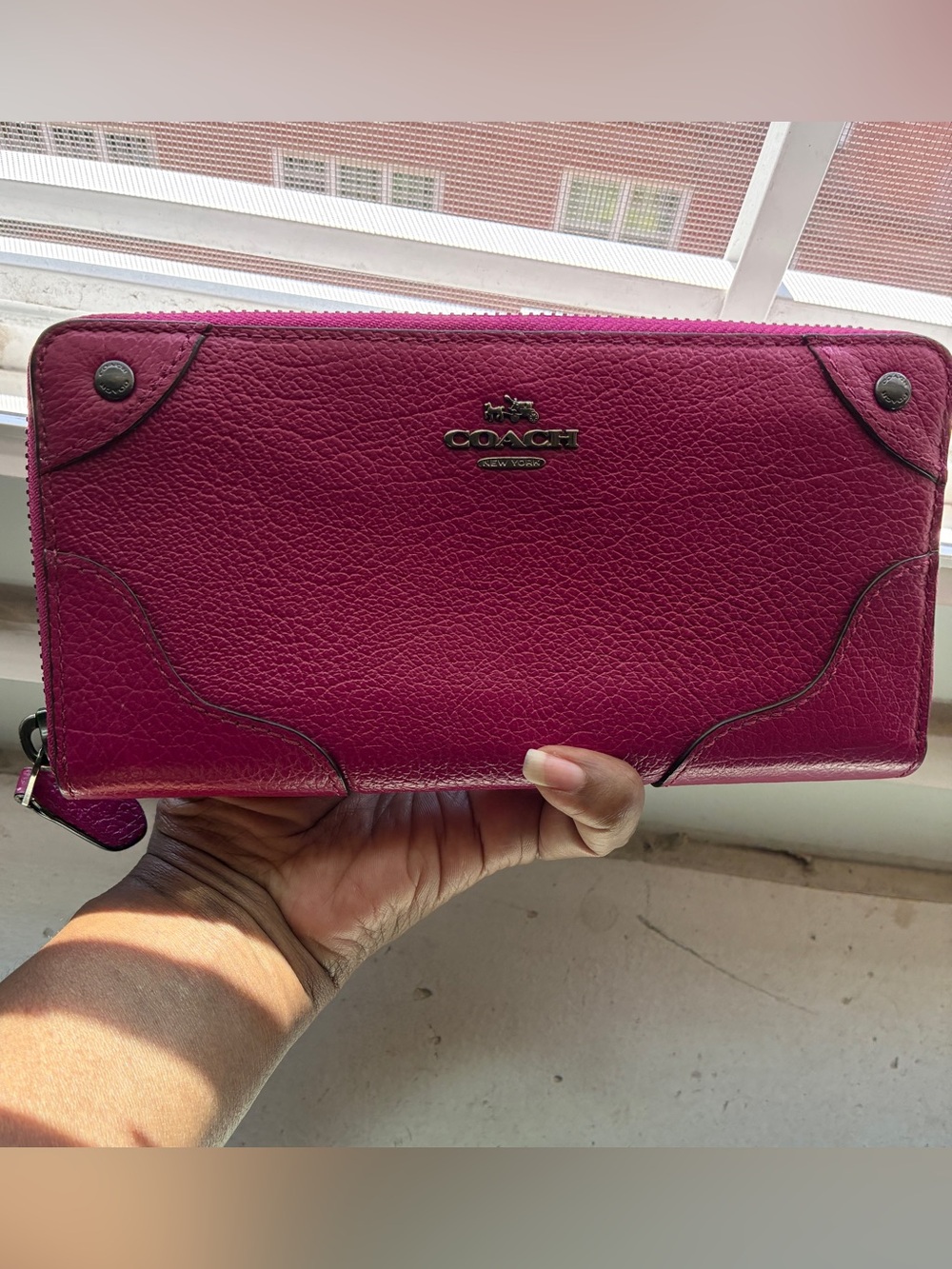 Coach Mickie Zip Accordion Textured Grain Pink Fuchsia Leather Wallet